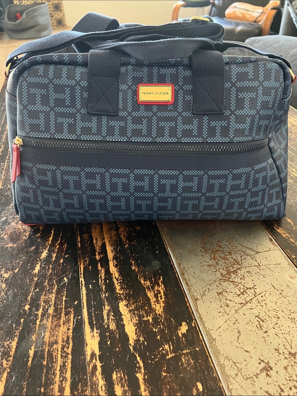 Tommy Hilfiger Navy Patterned Toiletry Bag with Red Accents